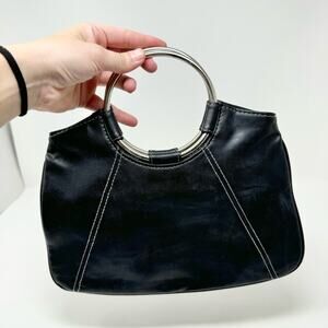Vintage Y2K Faux Leather Hangbag Silver O Ring Handle EUC